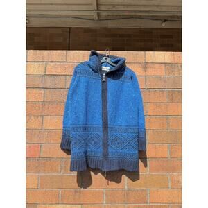 90s Aran Crafts Ireland Vintage Blue Hooded Wool Knit Sweater Hoodie Sweatshirt